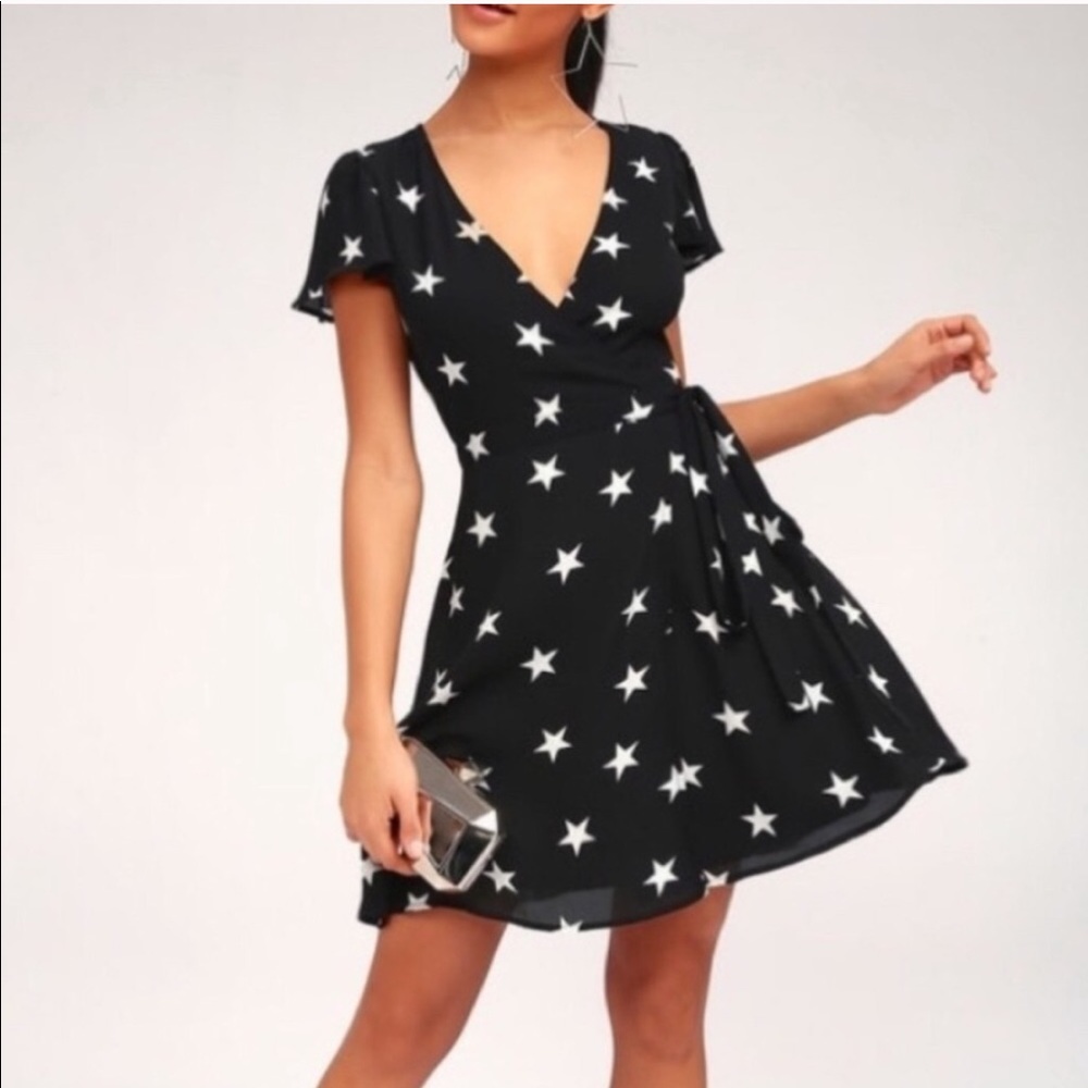 Lulus Star Struck Black Star Print Wrap Dress XS